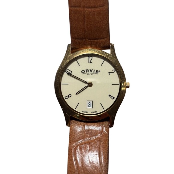 Orvis Swiss Made Genuine Leather Water Resistant Stainless Steel Mens Watch - Picture 1 of 5